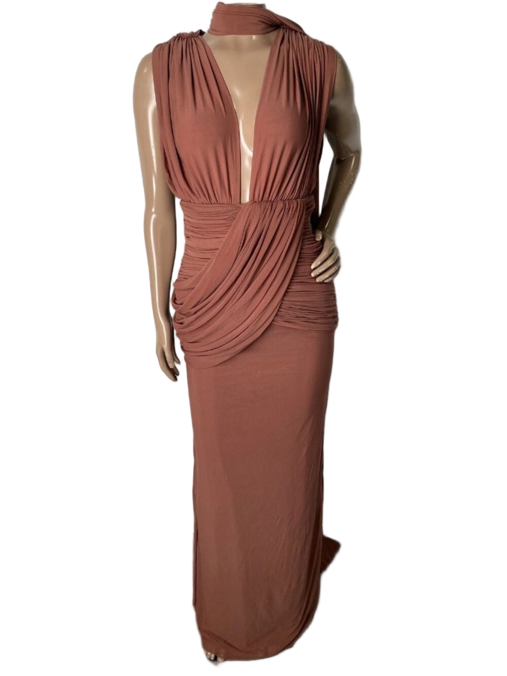 Deme Womens Maxi Dress Mocha Brown Size S Aurelia Pleated Draped Bodycon Nylon